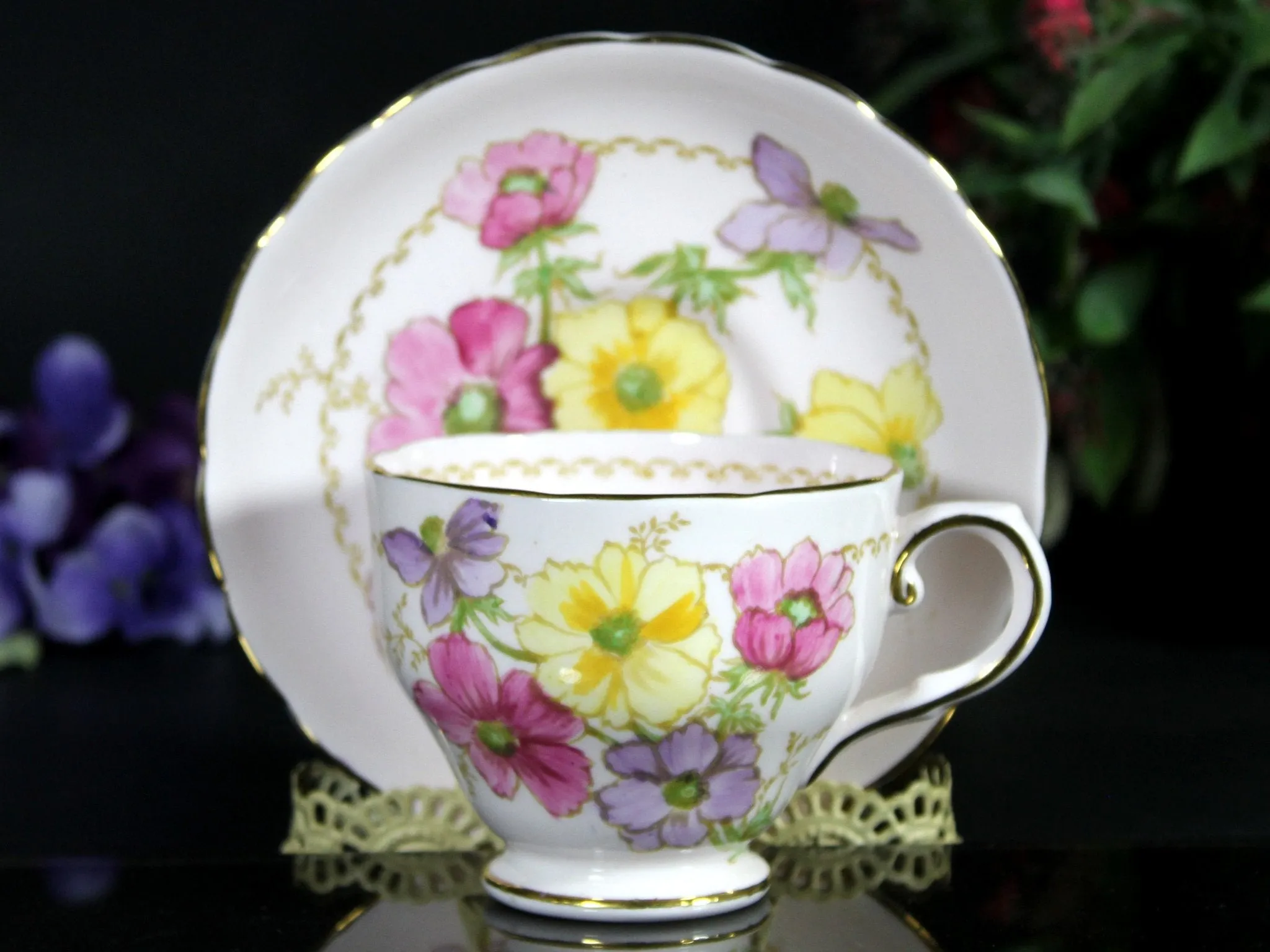 Pink Tuscan Teacup, Vintage Floral Tea Cup & Saucer England -J