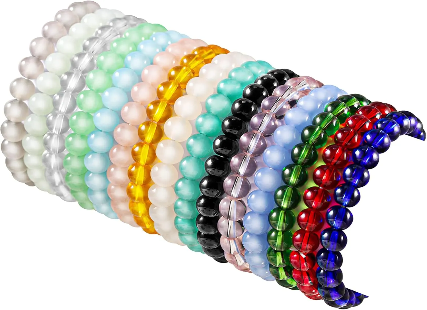 PIPITREE 15Pcs 6mm 8mm Beaded Stretch Bracelet Handmade Glass Bracelet for Women, Multicolor Crystal Round Beads Bracelet Elastic Bead Bracelets Pack Jewelry