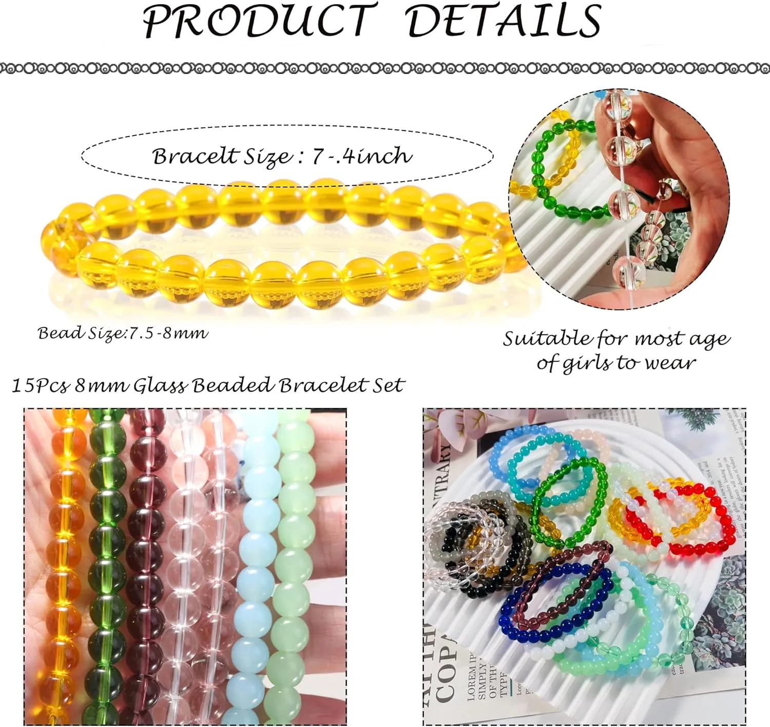 PIPITREE 15Pcs 6mm 8mm Beaded Stretch Bracelet Handmade Glass Bracelet for Women, Multicolor Crystal Round Beads Bracelet Elastic Bead Bracelets Pack Jewelry