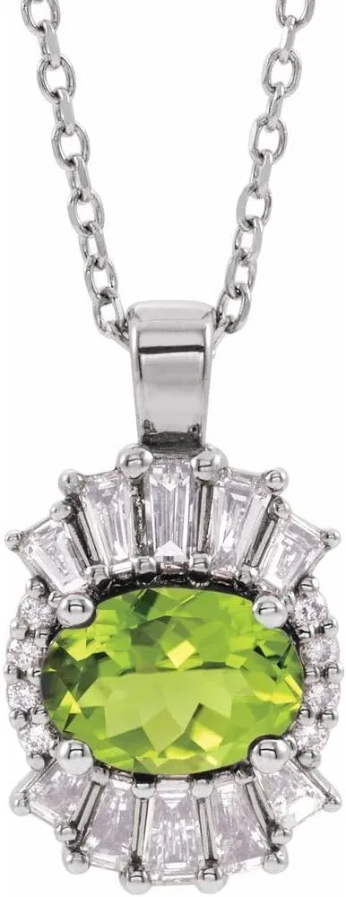 Platinum Oval Shape Peridot and 1/3 cttw Diamond Halo-Style Necklace Fine Jewelry for Women Gifts for Her (16.1x9.3mm, G-H, SI2-SI3), 16-18"