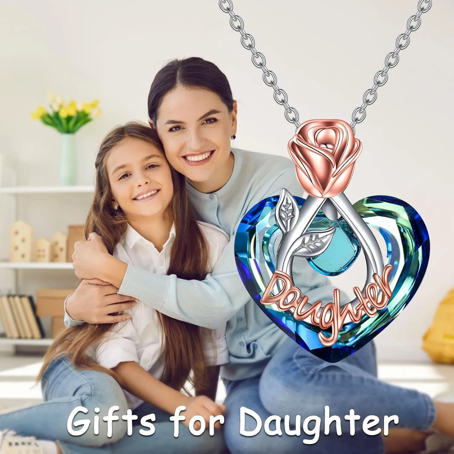 POPKIMI Rose Flower Love Heart Necklaces Gifts for Mom Grandma Nana Wife Aunt Daughter Birthday Jewelry 925 Sterling Silver Crystal Rose Flower Necklace