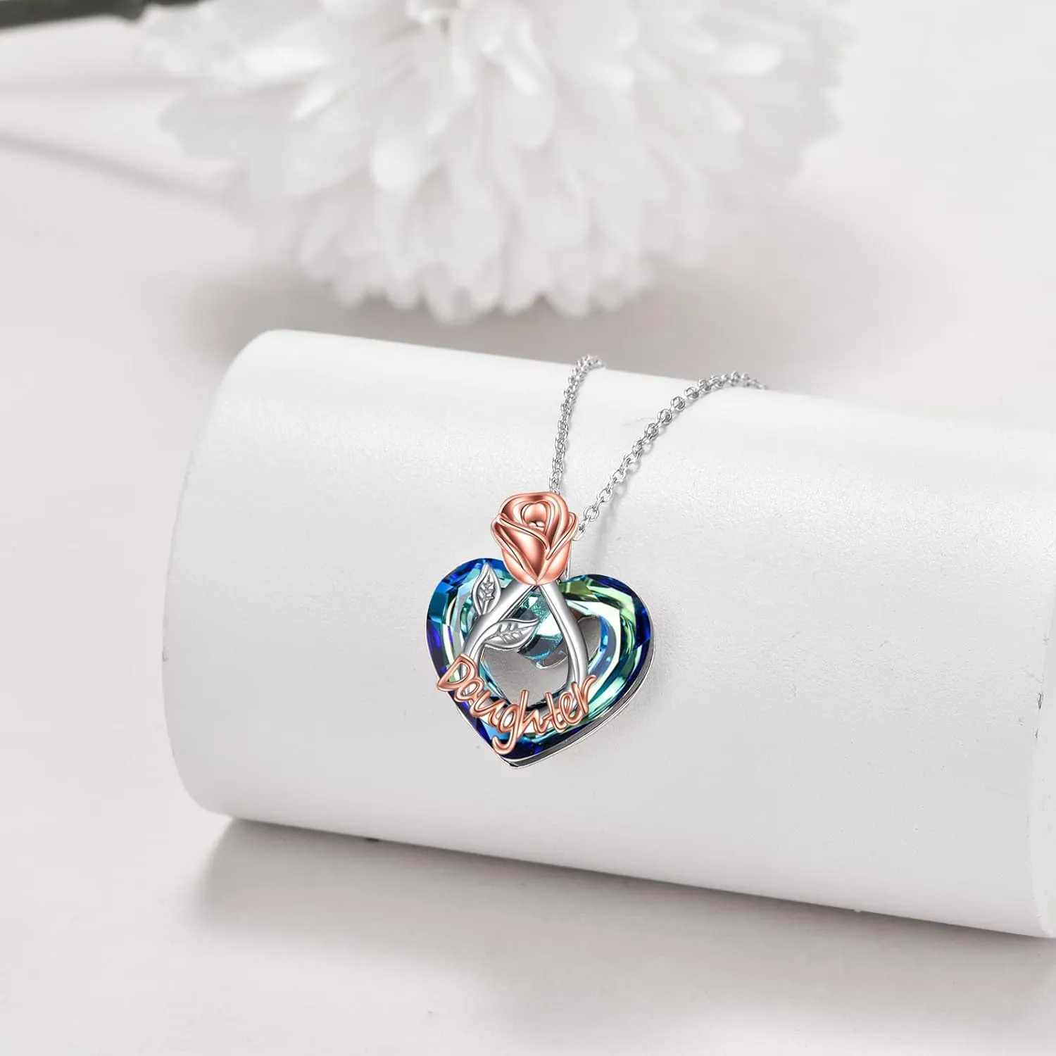 POPKIMI Rose Flower Love Heart Necklaces Gifts for Mom Grandma Nana Wife Aunt Daughter Birthday Jewelry 925 Sterling Silver Crystal Rose Flower Necklace