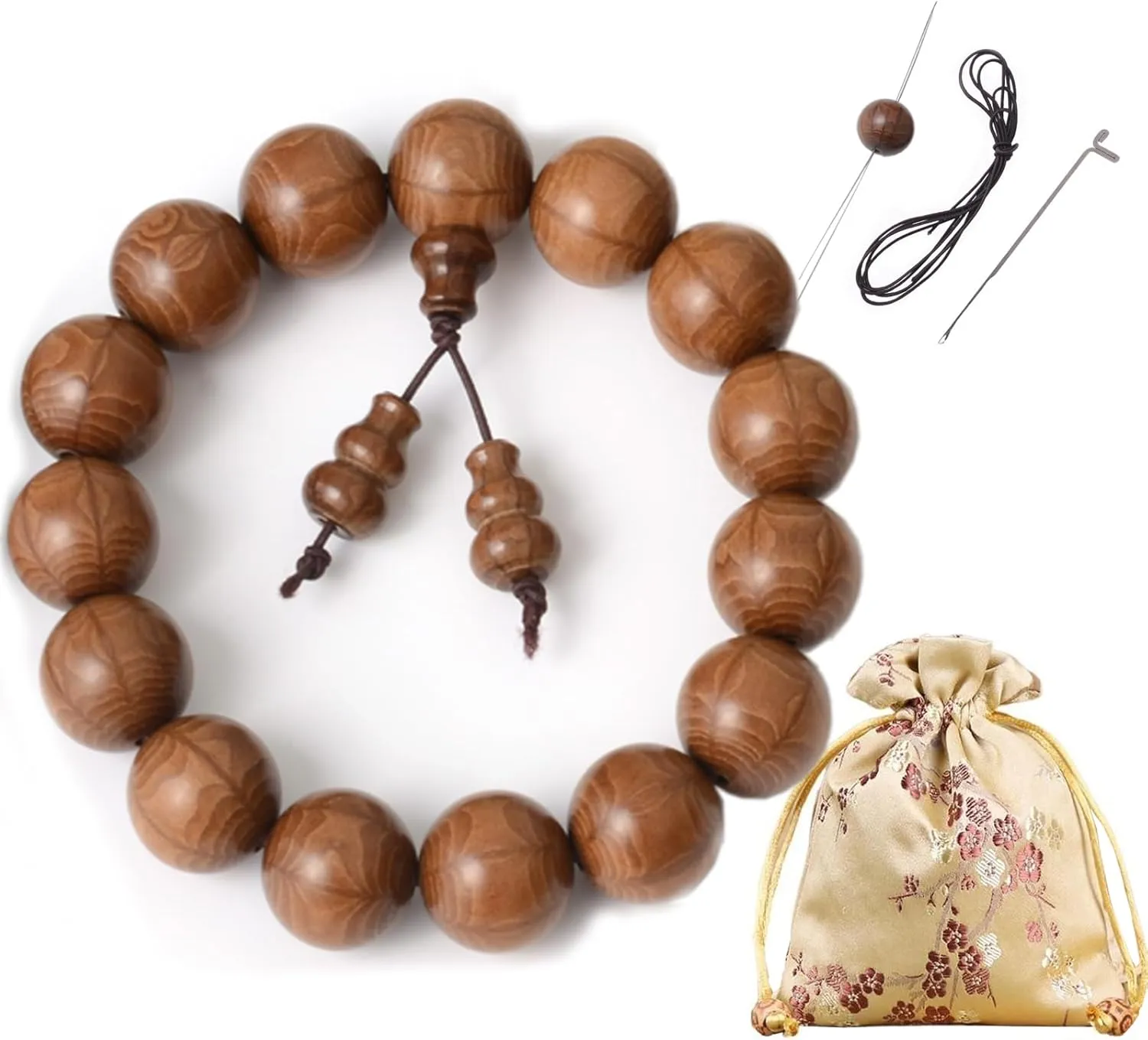 Prayer Mala Beads Wood Beaded Bracelet Elastic Buddha Bracelets for Men Women,with a Crochet Set,a Gift Storage Bag and a Greeting Card