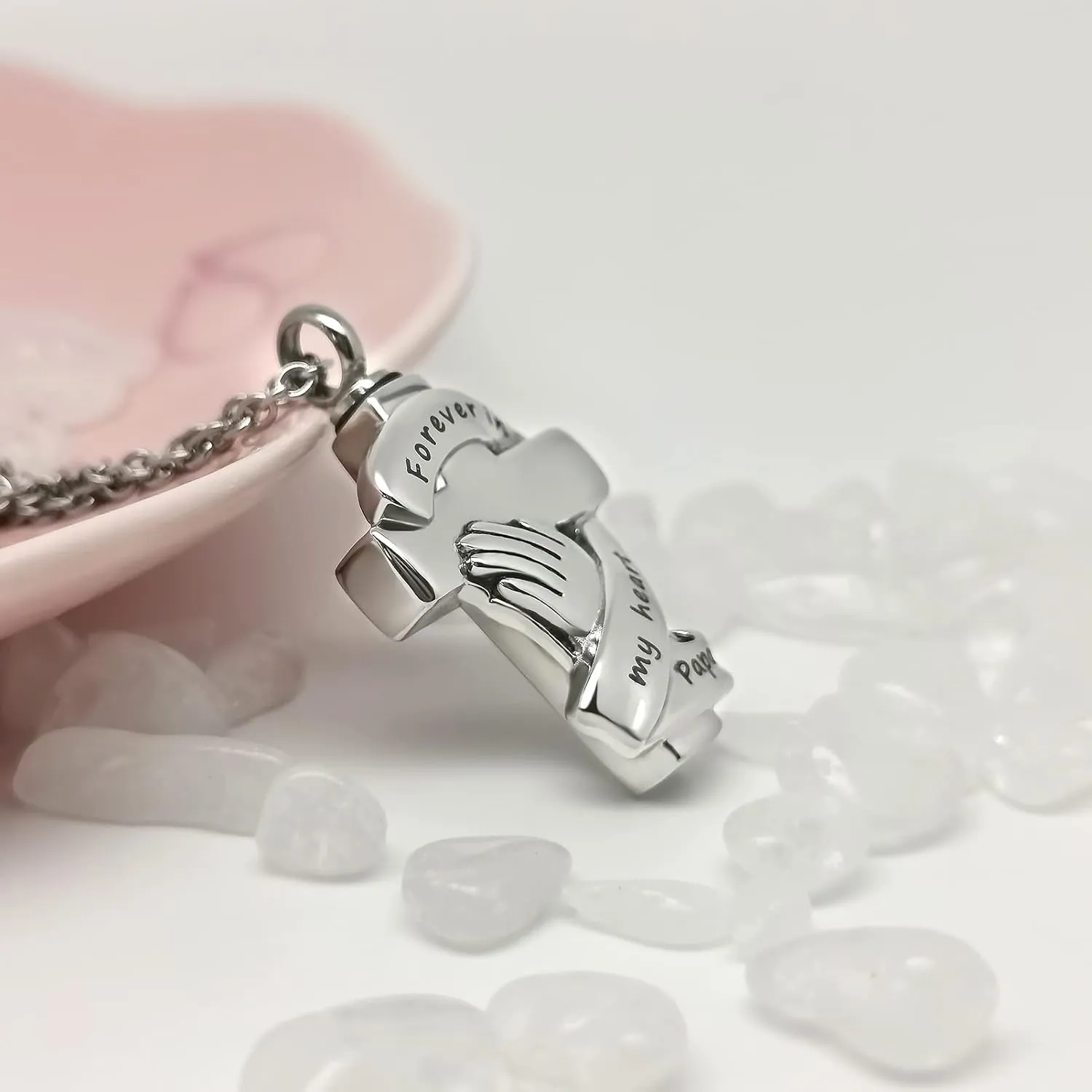 Praying Hands Urn Necklaces for Mom Dad Pet Ashes Crucifix Cremation Keepsake Memorial Pendant Jewelry Forever in My Heart