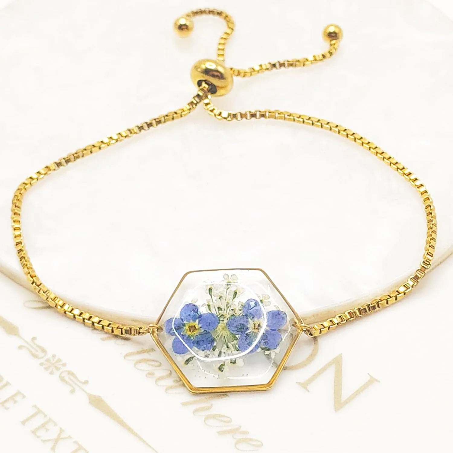 Pressed Flower Bracelets,Handmade Forget-Me-Not and Queen Anne's Lace Pressed Wildflower Bracelet,Gold Personalized Flower Bracelets for Women,Forget me not Presents for Her-Alaska State Flower