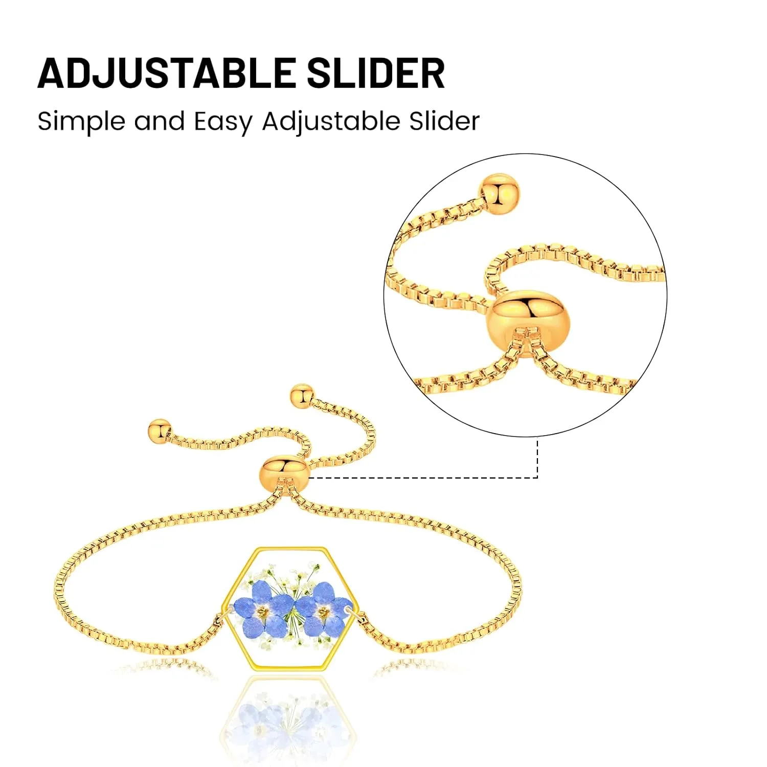 Pressed Flower Bracelets,Handmade Forget-Me-Not and Queen Anne's Lace Pressed Wildflower Bracelet,Gold Personalized Flower Bracelets for Women,Forget me not Presents for Her-Alaska State Flower
