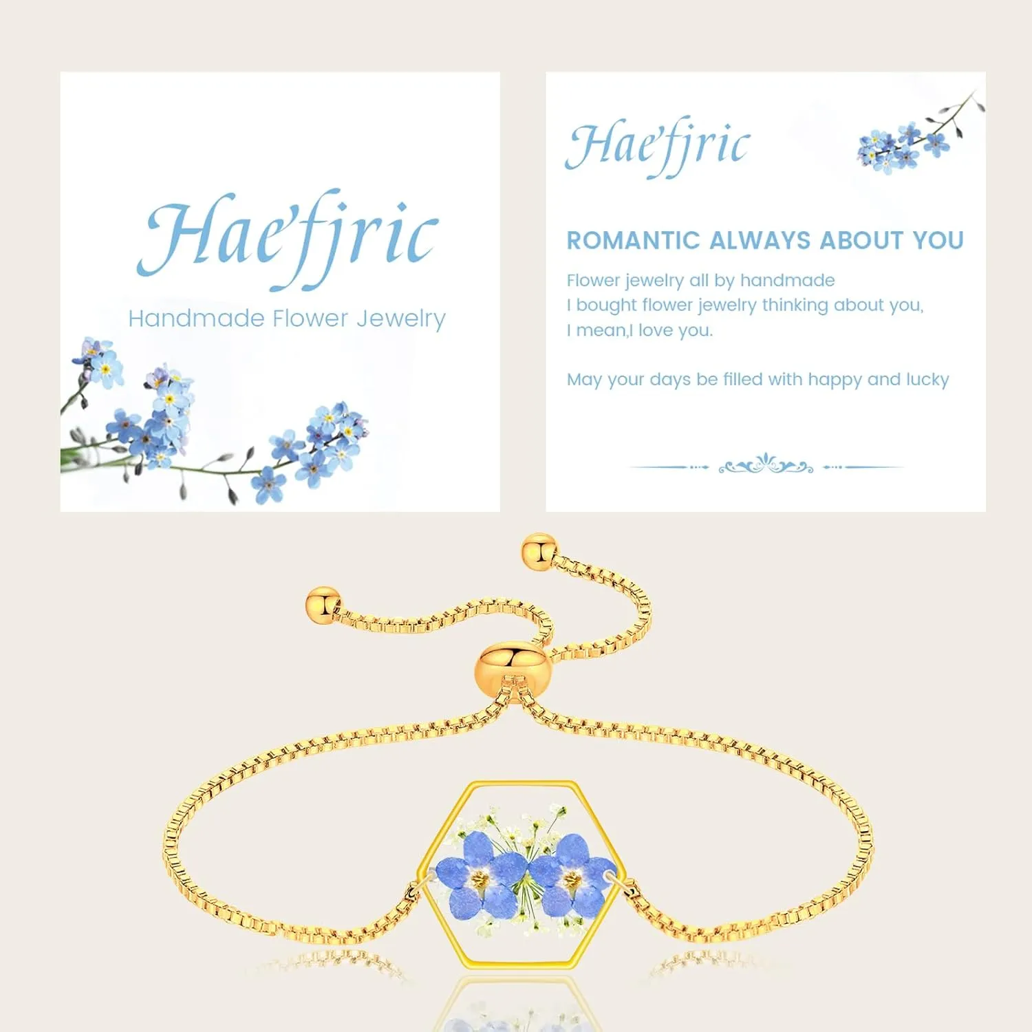 Pressed Flower Bracelets,Handmade Forget-Me-Not and Queen Anne's Lace Pressed Wildflower Bracelet,Gold Personalized Flower Bracelets for Women,Forget me not Presents for Her-Alaska State Flower