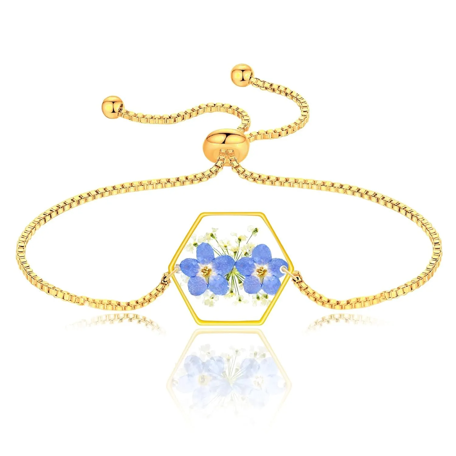 Pressed Flower Bracelets,Handmade Forget-Me-Not and Queen Anne's Lace Pressed Wildflower Bracelet,Gold Personalized Flower Bracelets for Women,Forget me not Presents for Her-Alaska State Flower