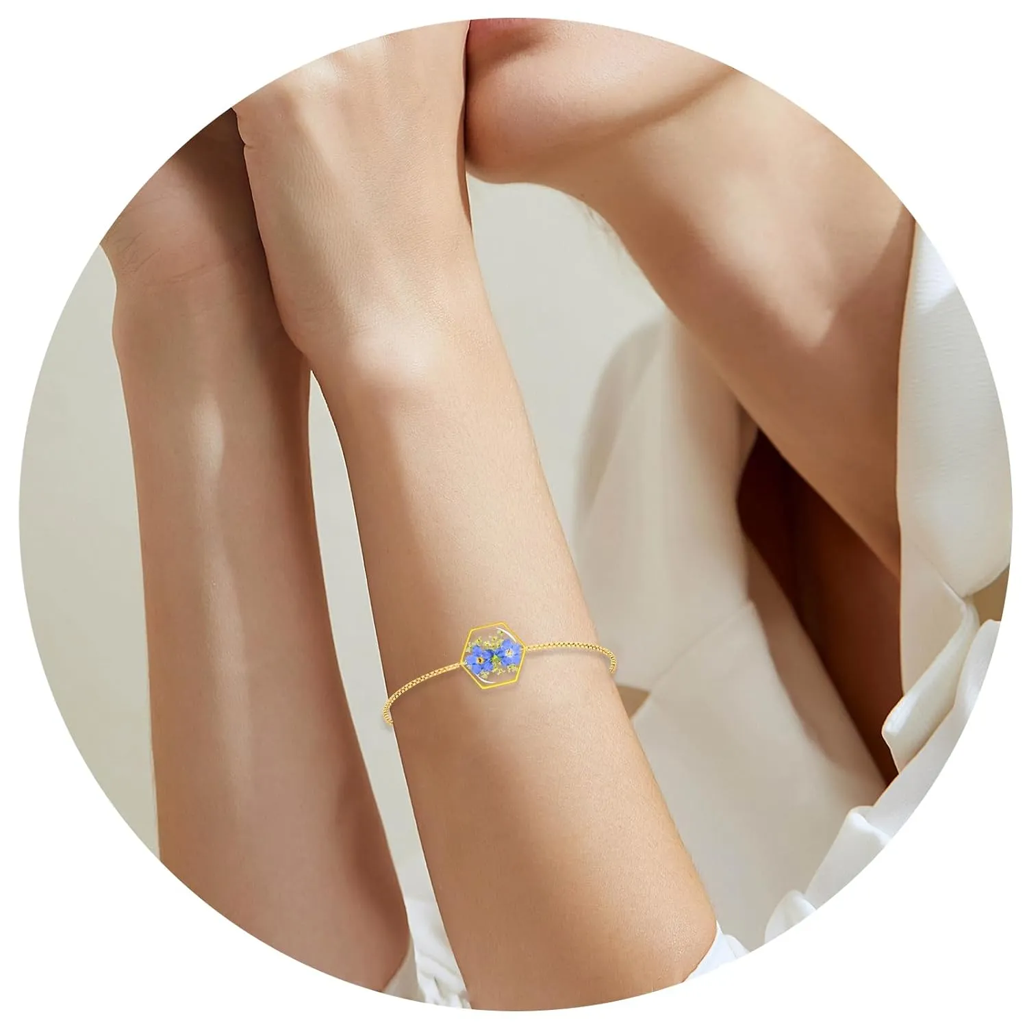 Pressed Flower Bracelets,Handmade Forget-Me-Not and Queen Anne's Lace Pressed Wildflower Bracelet,Gold Personalized Flower Bracelets for Women,Forget me not Presents for Her-Alaska State Flower