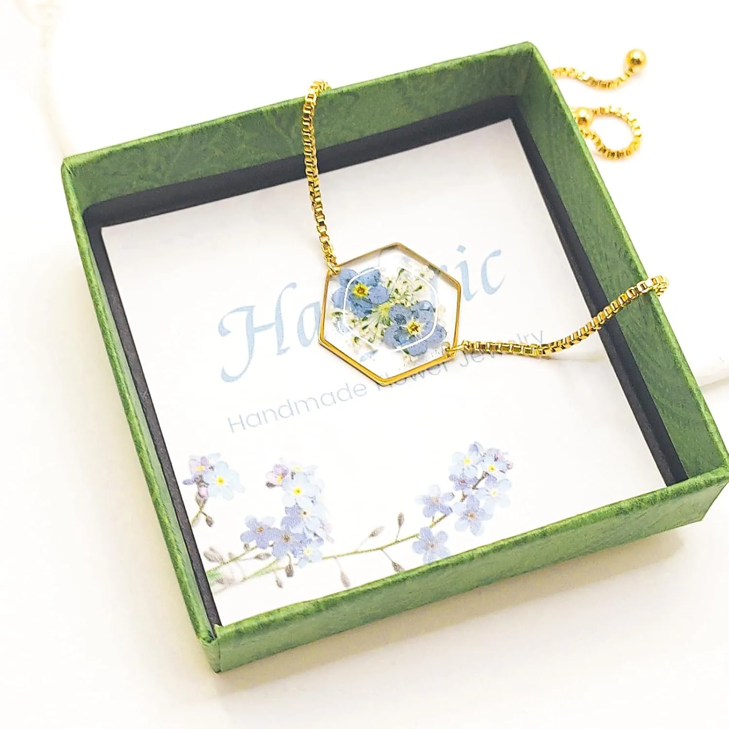 Pressed Flower Bracelets,Handmade Forget-Me-Not and Queen Anne's Lace Pressed Wildflower Bracelet,Gold Personalized Flower Bracelets for Women,Forget me not Presents for Her-Alaska State Flower