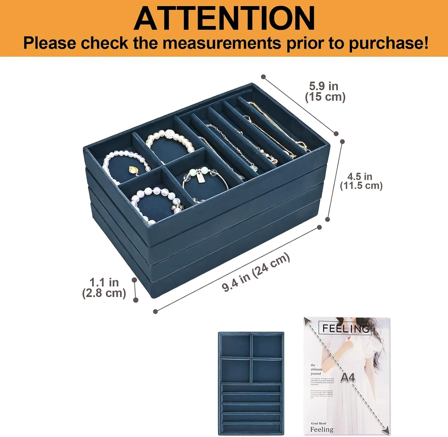 ProCase Stackable Jewelry Organizer Trays for Drawers, Jewelry Drawer Inserts Container Display Case Storage for Earring Necklace Rings Bracelet with Removable Dividers -Darkblue, 4 Layers, Medium