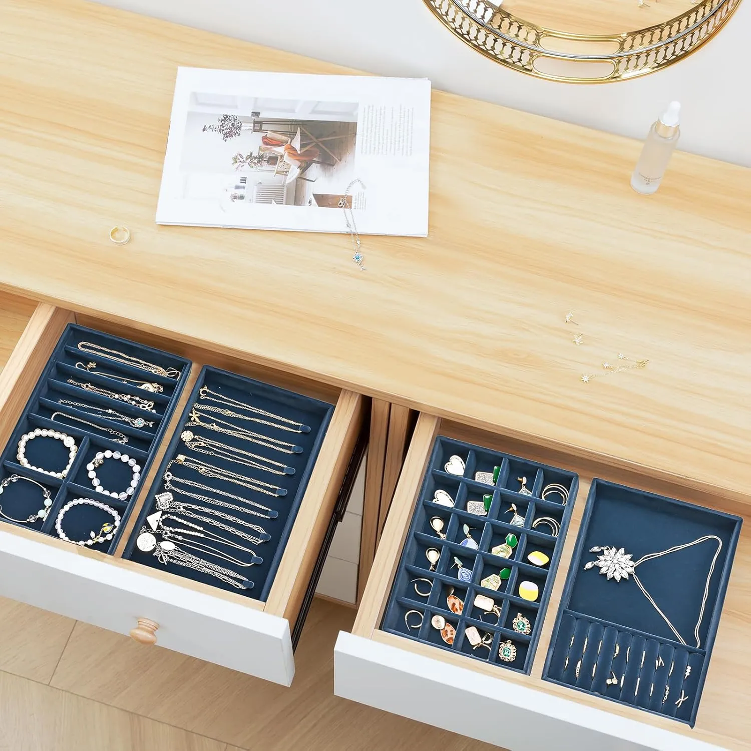 ProCase Stackable Jewelry Organizer Trays for Drawers, Jewelry Drawer Inserts Container Display Case Storage for Earring Necklace Rings Bracelet with Removable Dividers -Darkblue, 4 Layers, Medium