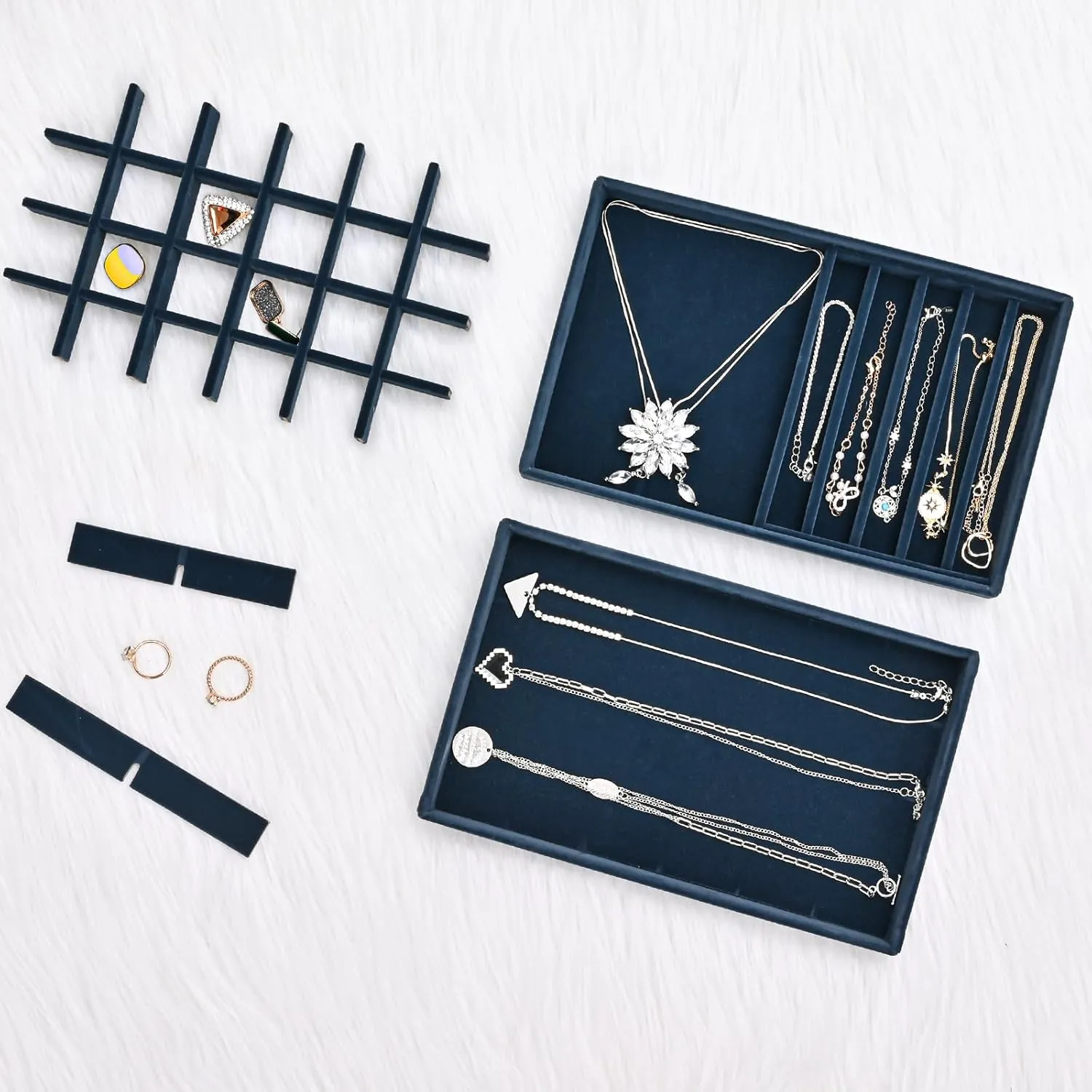 ProCase Stackable Jewelry Organizer Trays for Drawers, Jewelry Drawer Inserts Container Display Case Storage for Earring Necklace Rings Bracelet with Removable Dividers -Darkblue, 4 Layers, Medium