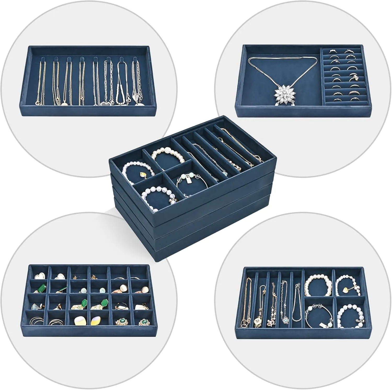 ProCase Stackable Jewelry Organizer Trays for Drawers, Jewelry Drawer Inserts Container Display Case Storage for Earring Necklace Rings Bracelet with Removable Dividers -Darkblue, 4 Layers, Medium