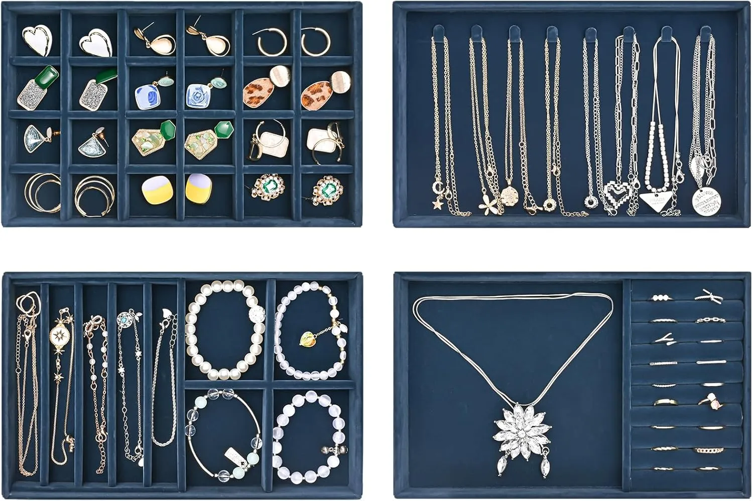 ProCase Stackable Jewelry Organizer Trays for Drawers, Jewelry Drawer Inserts Container Display Case Storage for Earring Necklace Rings Bracelet with Removable Dividers -Darkblue, 4 Layers, Medium
