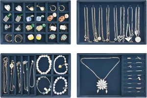 ProCase Stackable Jewelry Organizer Trays for Drawers, Jewelry Drawer Inserts Container Display Case Storage for Earring Necklace Rings Bracelet with Removable Dividers -Darkblue, 4 Layers, Medium