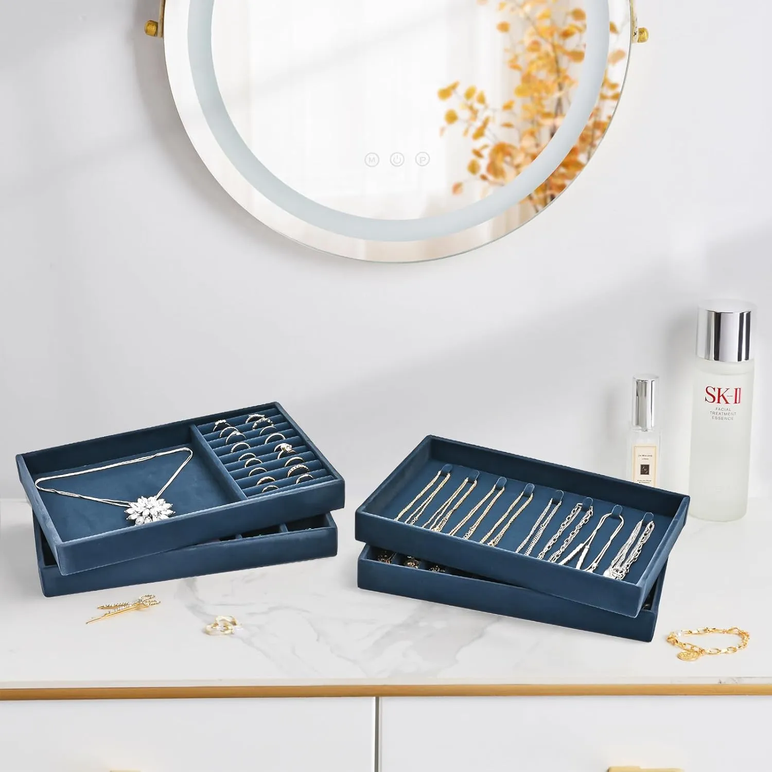 ProCase Stackable Jewelry Organizer Trays for Drawers, Jewelry Drawer Inserts Container Display Case Storage for Earring Necklace Rings Bracelet with Removable Dividers -Darkblue, 4 Layers, Medium