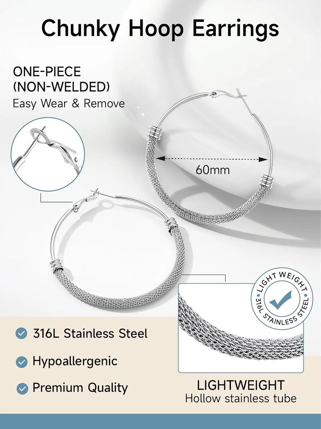PROSTEEL Chunky Hoop Earrings For Women, 20mm/30mm/40mm/60mm/80mm/100mm, Gold Plated/Black Stainless Steel Hoops Earrings Statement Jewelry