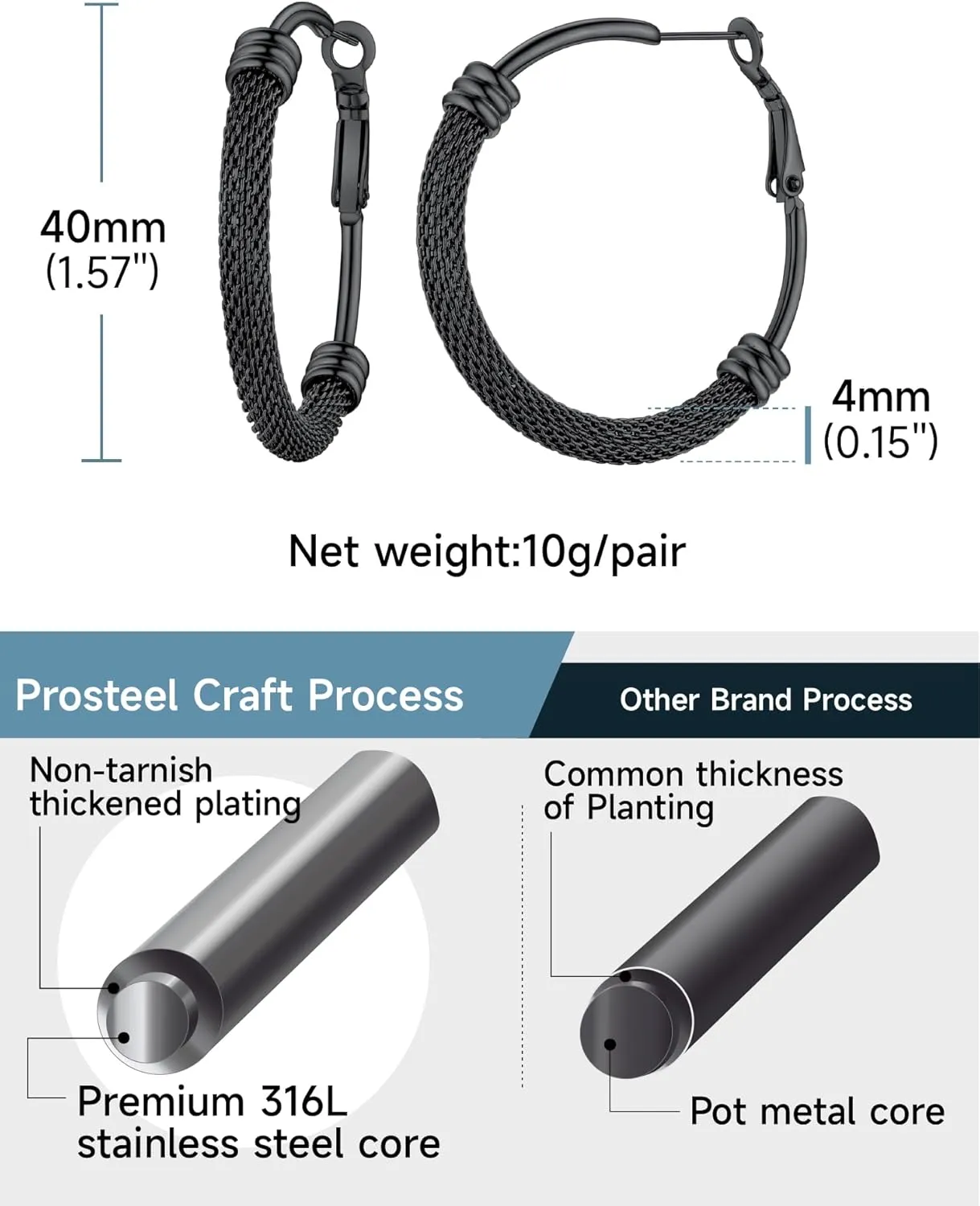 PROSTEEL Chunky Hoop Earrings For Women, 20mm/30mm/40mm/60mm/80mm/100mm, Gold Plated/Black Stainless Steel Hoops Earrings Statement Jewelry