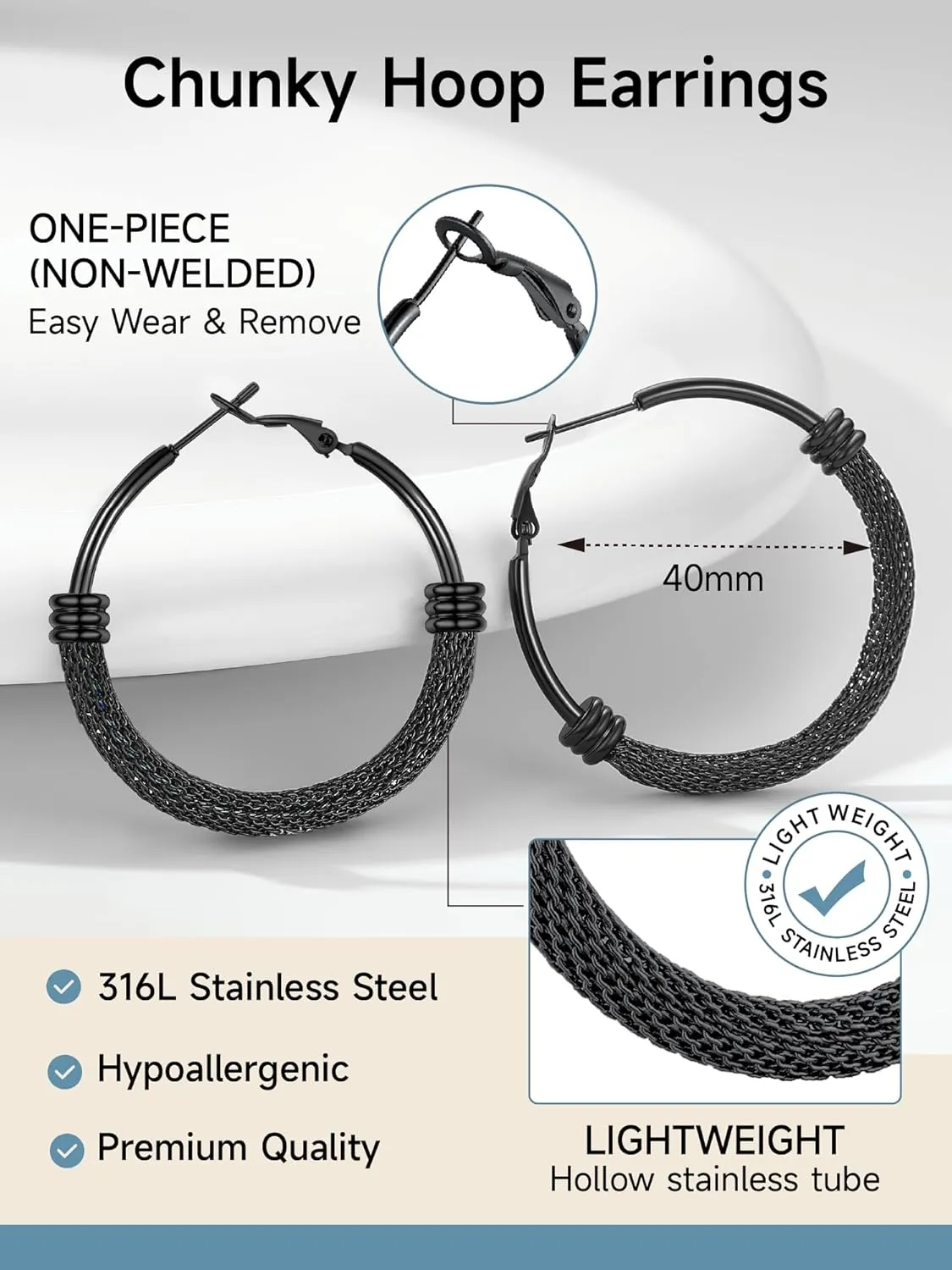 PROSTEEL Chunky Hoop Earrings For Women, 20mm/30mm/40mm/60mm/80mm/100mm, Gold Plated/Black Stainless Steel Hoops Earrings Statement Jewelry