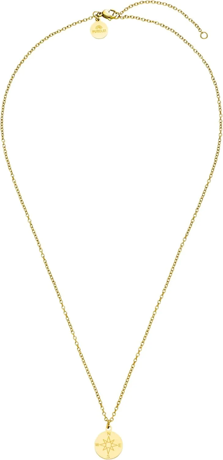 Purelei Compass Necklace (gold)  18K Gold plated stainless steel jewelry  Waterproof chain with pendant  18 to 20 inch adjustable length  Fashion jewelry for your individual look