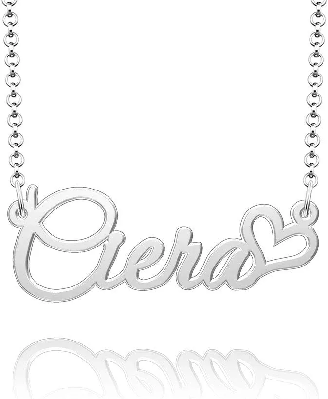 Q&Locket 925 Sterling Silver Heart Love Personalized Custom Name Necklace Script Initial Nameplate Necklaces Gifts for Womens Ciera