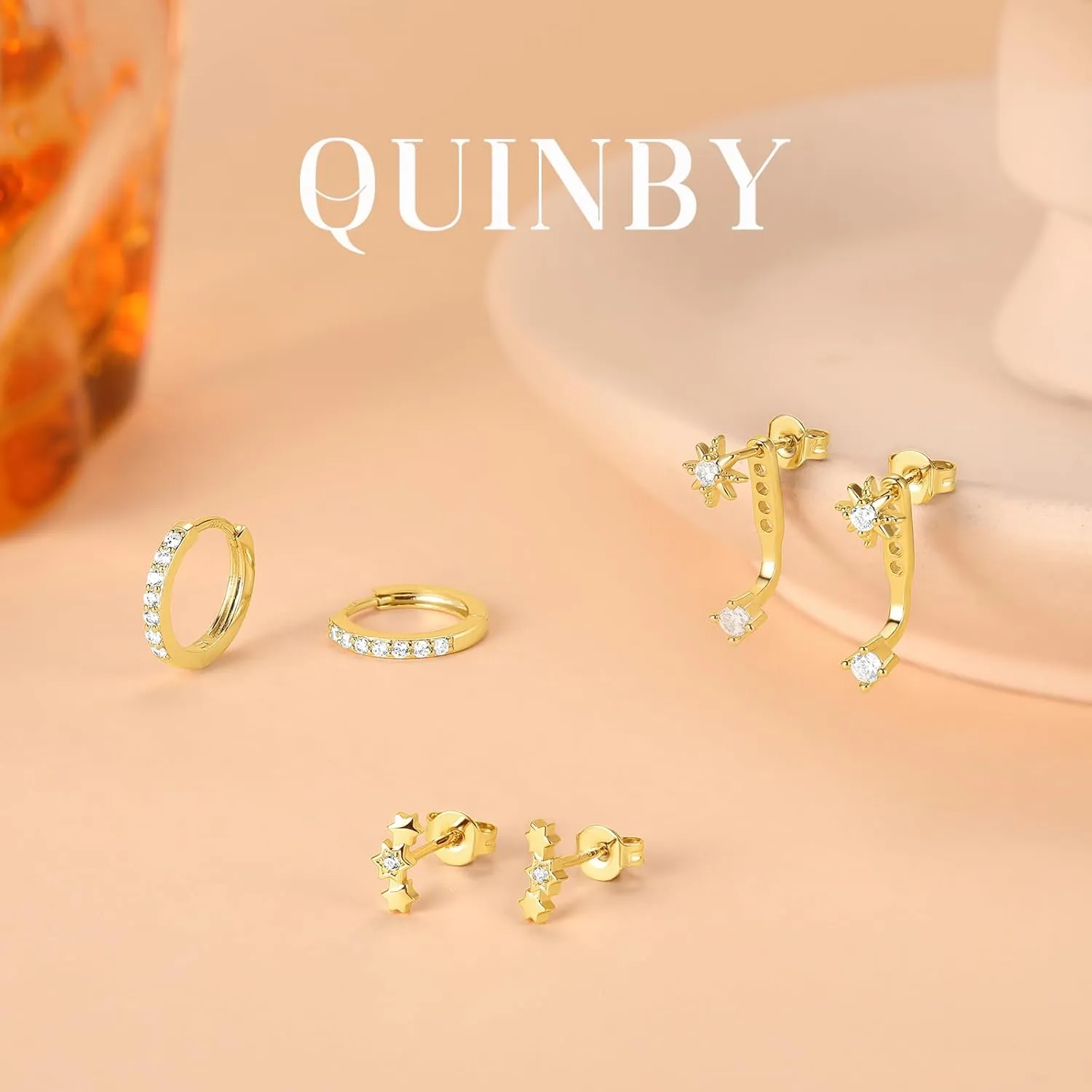 QUINBY Dainty Stud Earrings For Women,925 Sterling Silver Earring Sets For Multiple Piercing,Cartilage Hypoallergenic Earring Jackets For Sensitive Ears