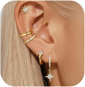 QUINBY Gold Hoop Earrings For Women,Flat Back Silver Small Cartilage Earrings, 14k Gold Hypoallergenic Hoop Earrings,5 Pairs Sun Earrings Jewellery Set,Huggie Earrings For Sensitive Ears