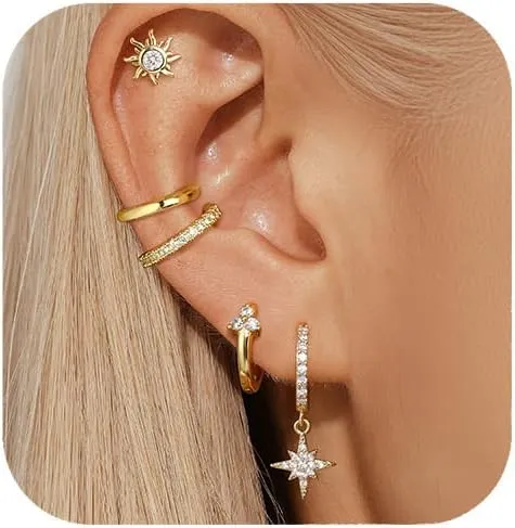 QUINBY Gold Hoop Earrings For Women,Flat Back Silver Small Cartilage Earrings, 14k Gold Hypoallergenic Hoop Earrings,5 Pairs Sun Earrings Jewellery Set,Huggie Earrings For Sensitive Ears