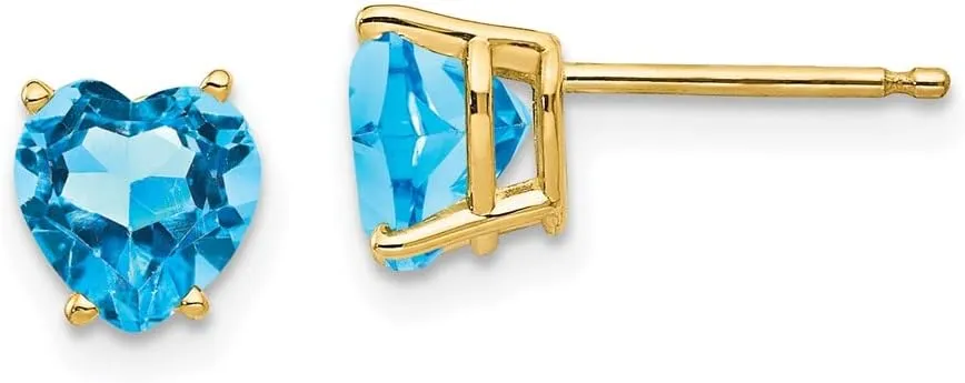 Real 14k Yellow Gold 6mm Heart Blue Topaz Studs Earrings 6mm
