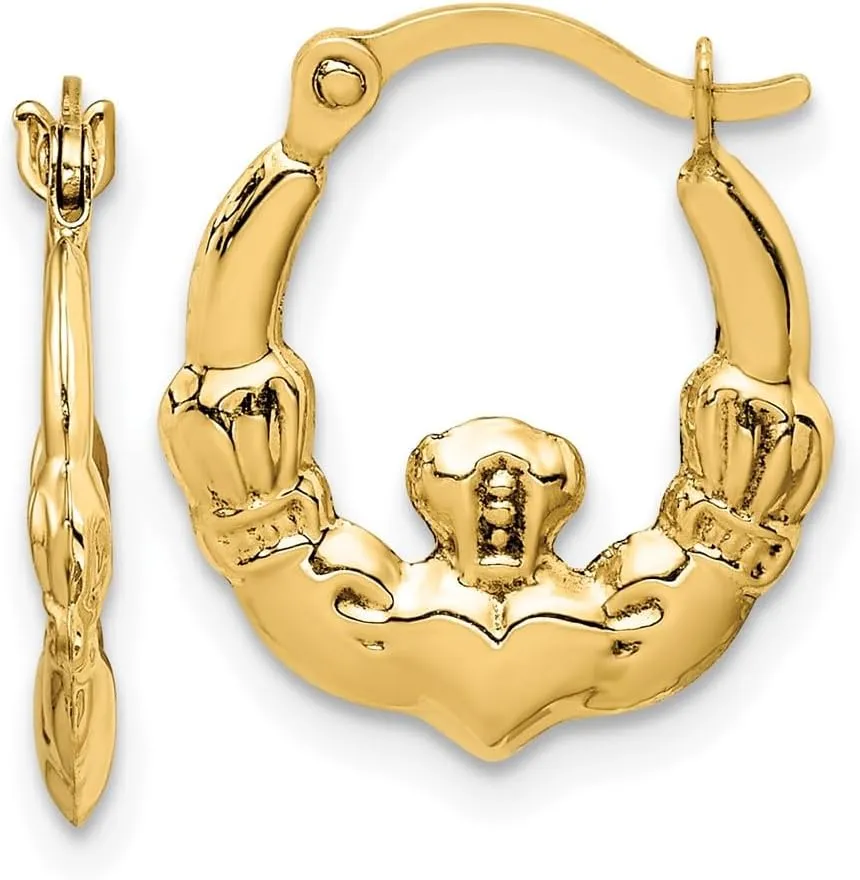 Real 14k Yellow Gold Celtic Irish Claddagh Hoop Earrings