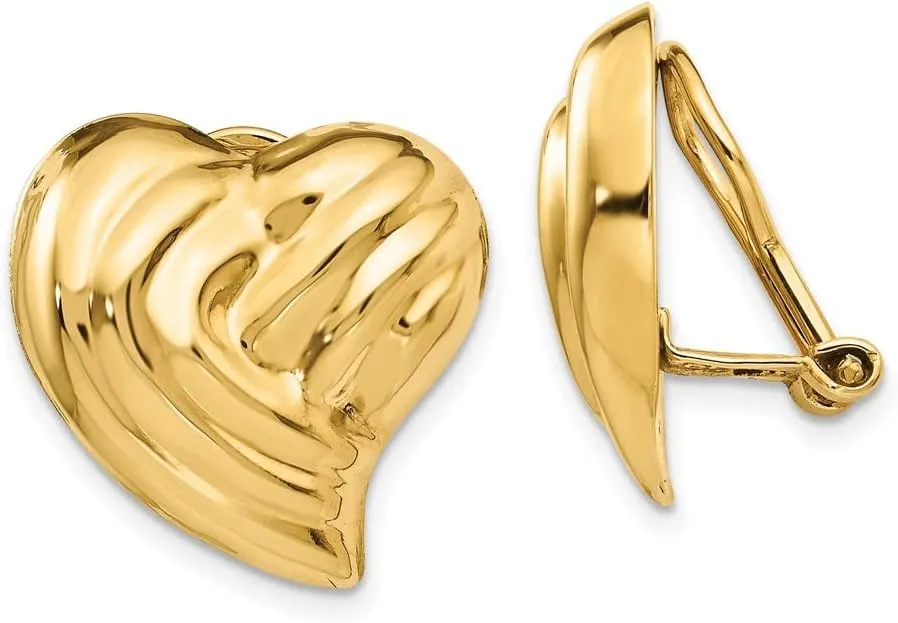 Real 14k Yellow Gold Non-pierced Heart Button Post Studs Earrings - 18mm x 19mm