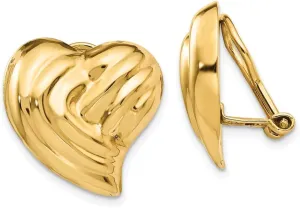 Real 14k Yellow Gold Non-pierced Heart Button Post Studs Earrings - 18mm x 19mm