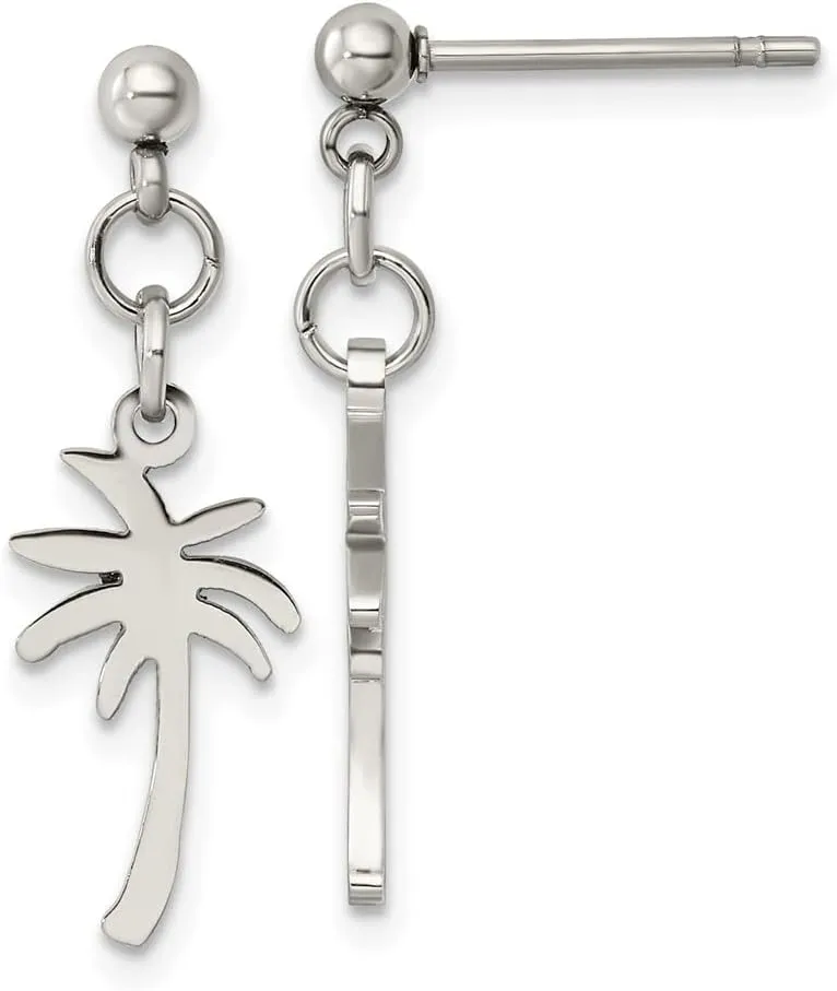 Real Stainless Steel Palm Tree Studs Post Dangle Earrings - 27mm x 10mm