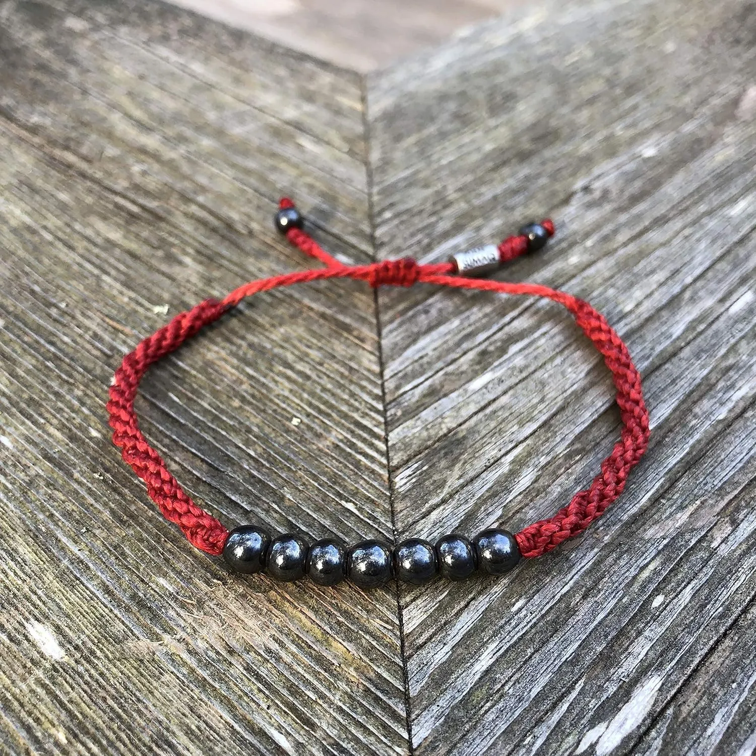 Red Bracelet with Lucky 7 Hematite Stones for Men and Women - Handmade Unisex Designer Beaded Macrame Adult Friendship Jewelry Valentine's Day by Rumi Sumaq