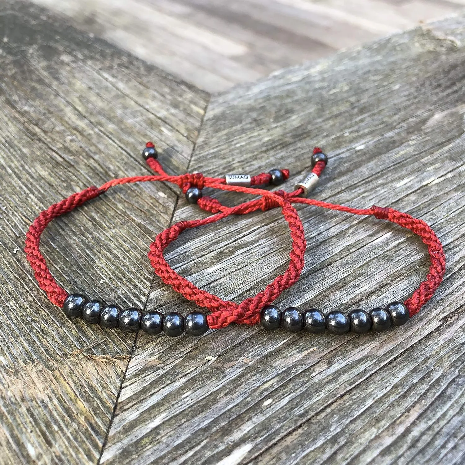 Red Bracelet with Lucky 7 Hematite Stones for Men and Women - Handmade Unisex Designer Beaded Macrame Adult Friendship Jewelry Valentine's Day by Rumi Sumaq