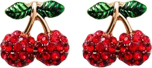 Red Cherry Flower Mushroom Strawberry Apple Stud Earrings for Women Glitter Hot Sexy Color Crystal Rhinestone Small Earrings for Her Mom Wife Sister Friend Jewelry Gifts