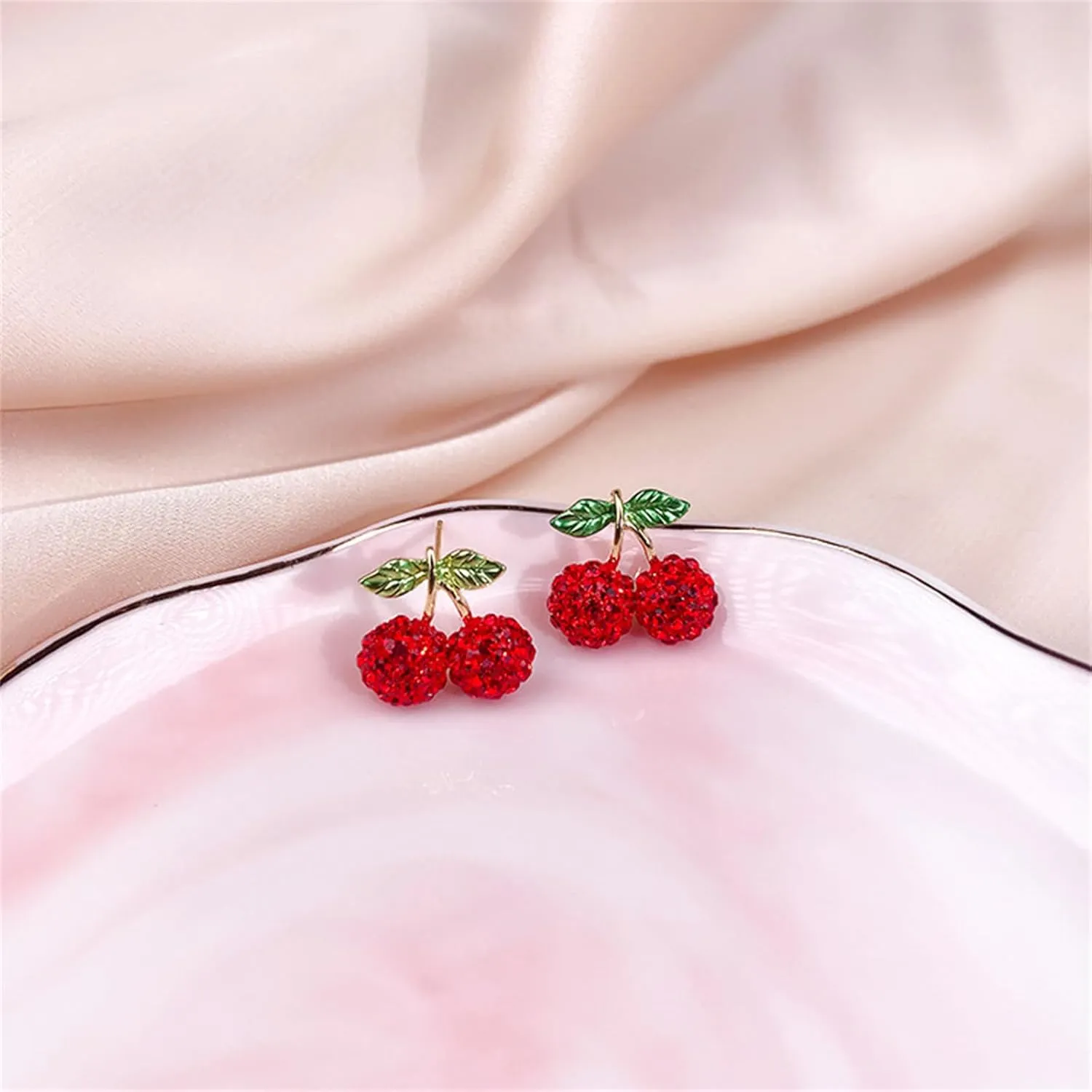 Red Cherry Flower Mushroom Strawberry Apple Stud Earrings for Women Glitter Hot Sexy Color Crystal Rhinestone Small Earrings for Her Mom Wife Sister Friend Jewelry Gifts