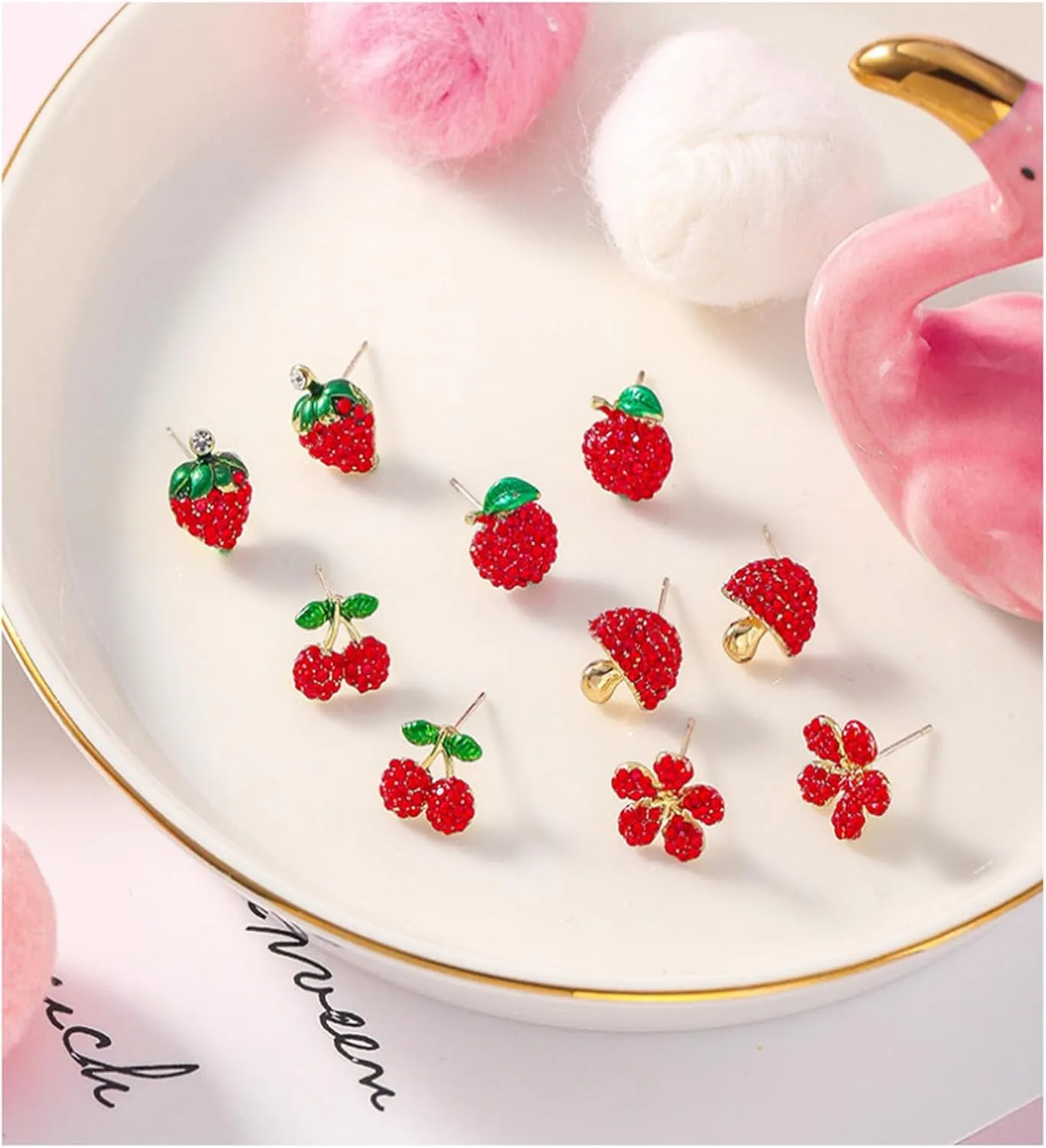 Red Cherry Flower Mushroom Strawberry Apple Stud Earrings for Women Glitter Hot Sexy Color Crystal Rhinestone Small Earrings for Her Mom Wife Sister Friend Jewelry Gifts