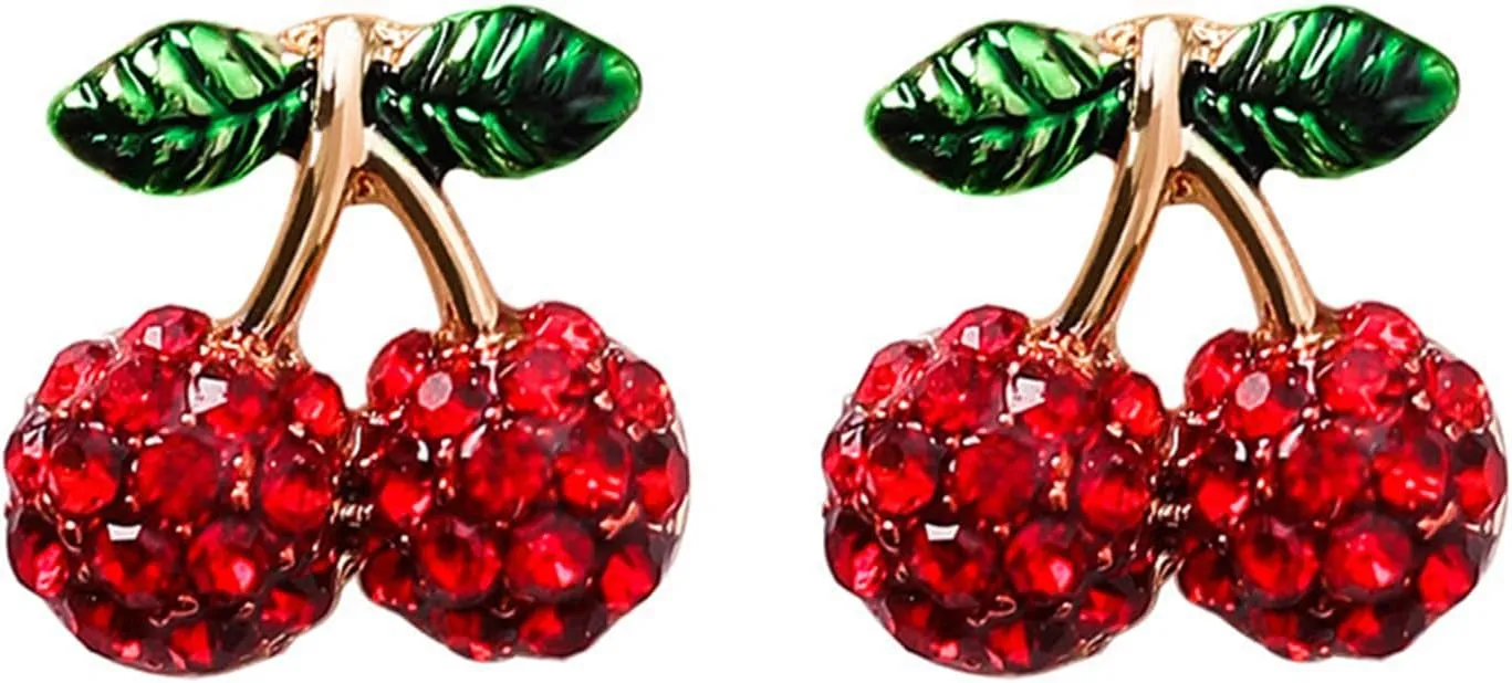 Red Cherry Flower Mushroom Strawberry Apple Stud Earrings for Women Glitter Hot Sexy Color Crystal Rhinestone Small Earrings for Her Mom Wife Sister Friend Jewelry Gifts