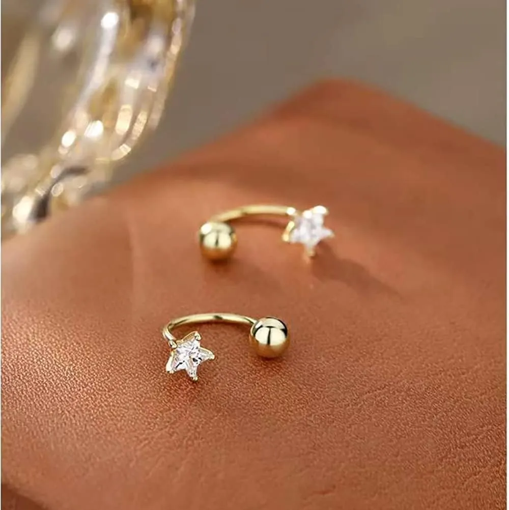 Reffeer Solid 925 Sterling Silver Star Half Hoop Earrings Open Huggie Hoops for Women Teens CZ Star Hoop Earrings Ball Cuffs