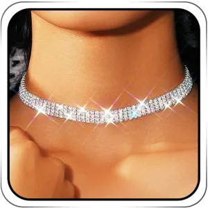 Rhinestone Choker Necklace Silver Diamond Row Chain Jewelry for Women