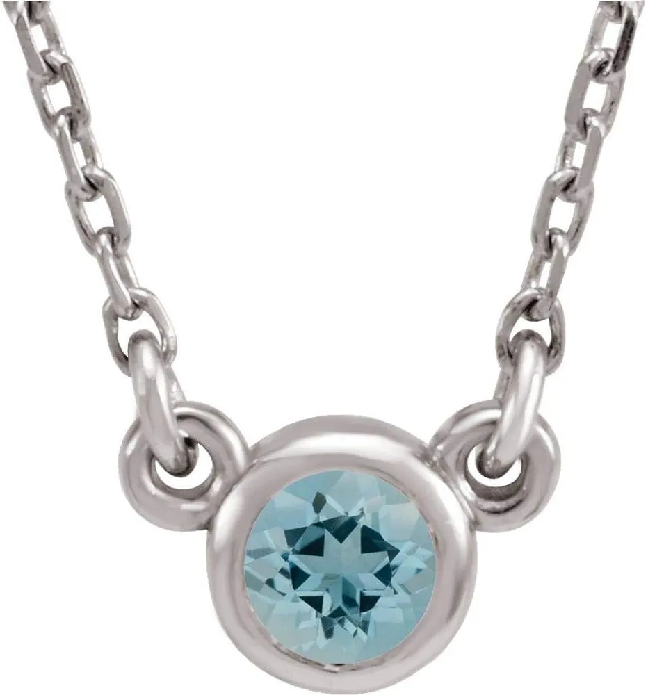 Rhodium Plated Sterling Silver 4mm Round Shape Imitation Aquamarine Solitaire Necklace Fine Jewelry for Women Gifts for Her (7.1x4.8mm), 16"