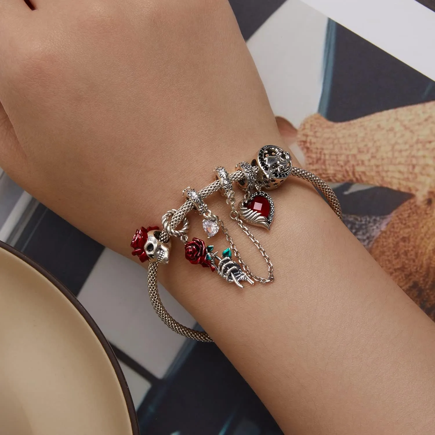 Rose Charm Heart Charms for Bracelets 925 Sterling Silver Bead Charm Fits Bracelets and Necklaces Paved with Cubic Zirconia Animal Skull Charm Dainty Halloween Charms Jewelry for Women Girls