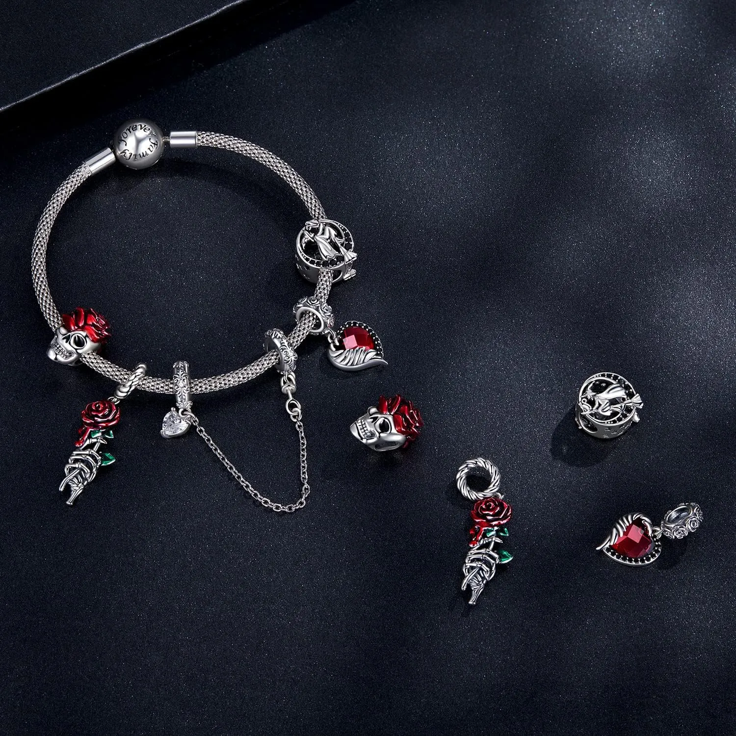 Rose Charm Heart Charms for Bracelets 925 Sterling Silver Bead Charm Fits Bracelets and Necklaces Paved with Cubic Zirconia Animal Skull Charm Dainty Halloween Charms Jewelry for Women Girls