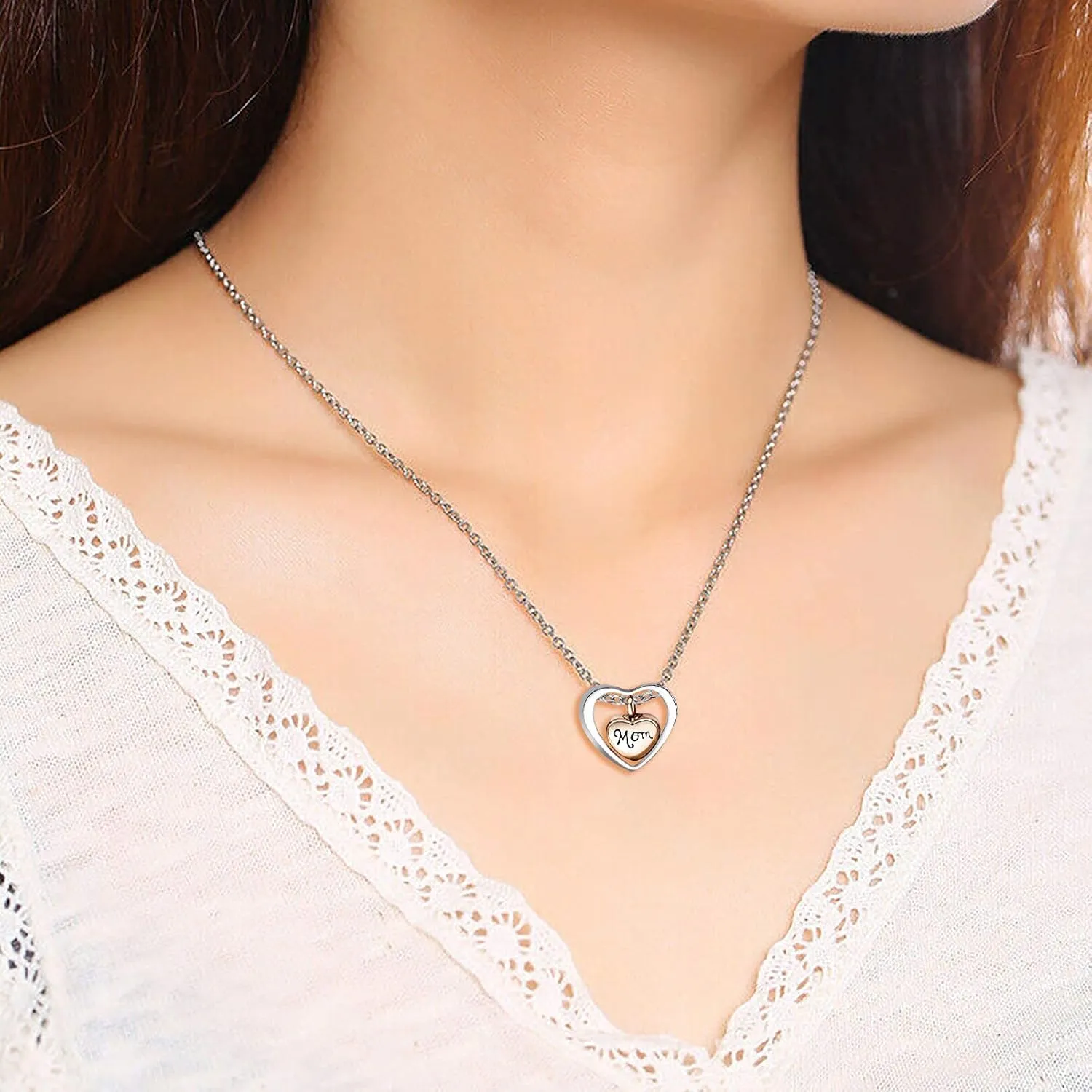 Rose Gold Double Heart Urn Necklaces for Human Pet Ashes Cremation Jewelry for Ashes Keepsake Memorial Pendant Jewelry