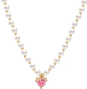Round White Simulated Shell Pearl Necklace Strand | Pearl Choker Necklace | Cubic Zirconia Red Pink Pendant | Jewelry for Women