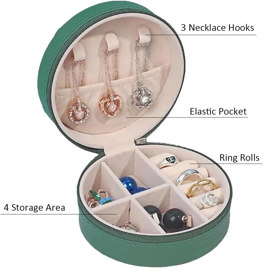 RT&BS Small Travel Jewelry Case, Round Mini Travel Jewelry Box for Rings Earrings Necklaces, Gifts for Women Girls (Blackish green)