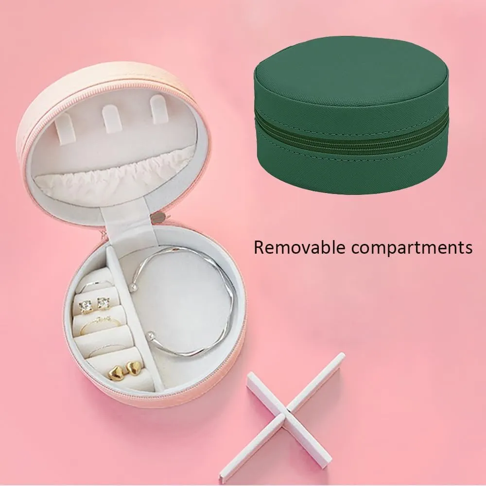 RT&BS Small Travel Jewelry Case, Round Mini Travel Jewelry Box for Rings Earrings Necklaces, Gifts for Women Girls (Blackish green)