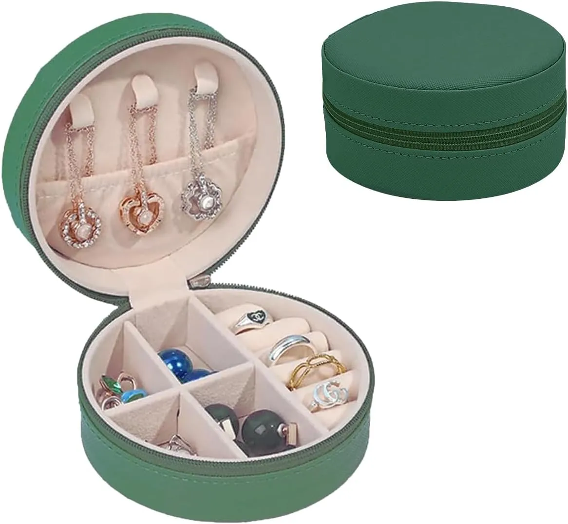 RT&BS Small Travel Jewelry Case, Round Mini Travel Jewelry Box for Rings Earrings Necklaces, Gifts for Women Girls (Blackish green)